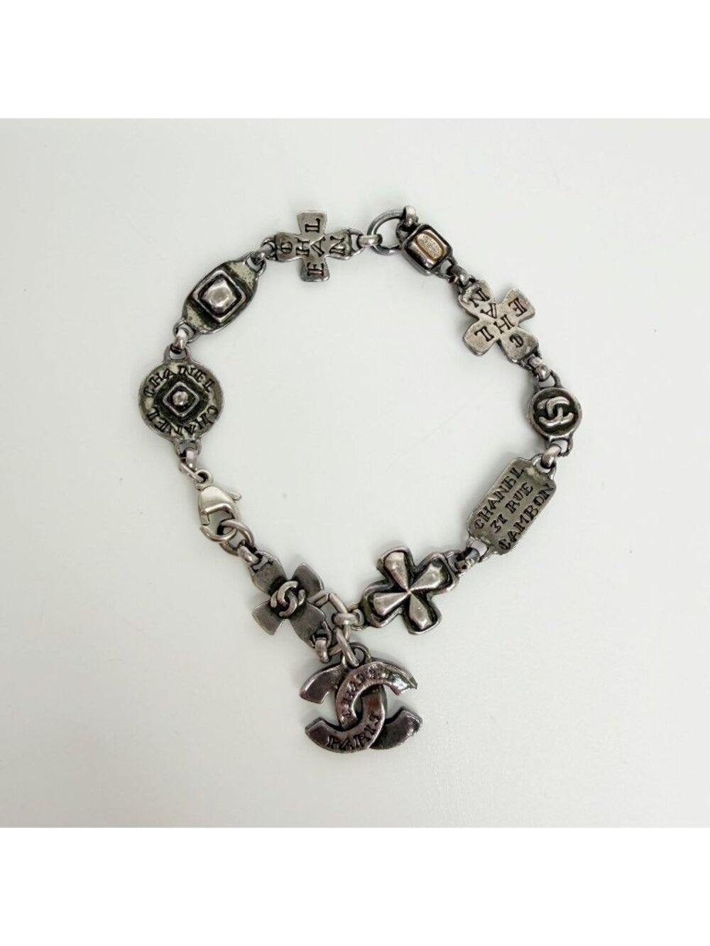 Chanel CC Logo Multi Charm Bracelet Plated Silver Vintage